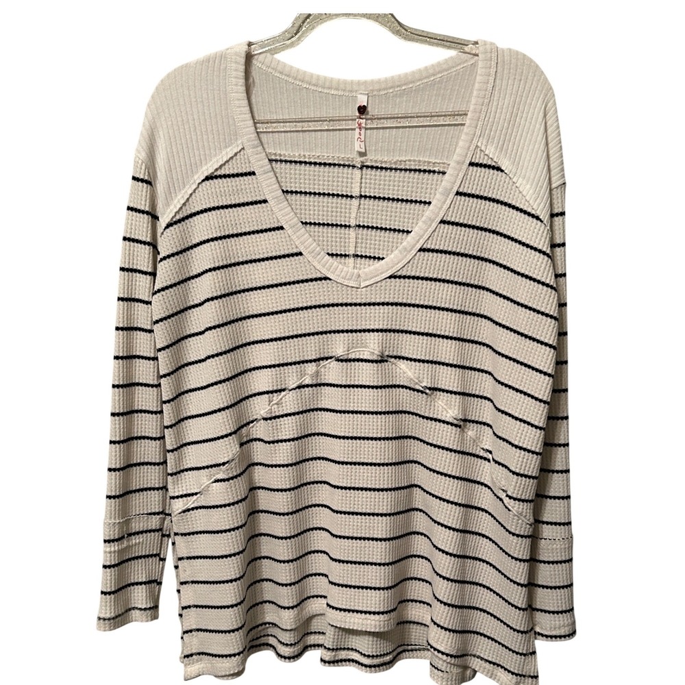 Poof!‎ Womens Waffle Knit Striped V-Neck Thermal Top Ivory Black Large 120786